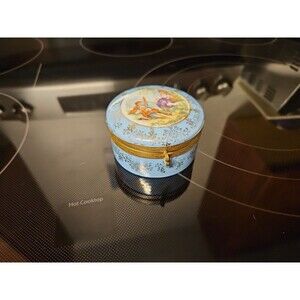 Vintage German Porcelain Courting Couple Teal & Gold Trinket Jewlery Box W/ Lid
